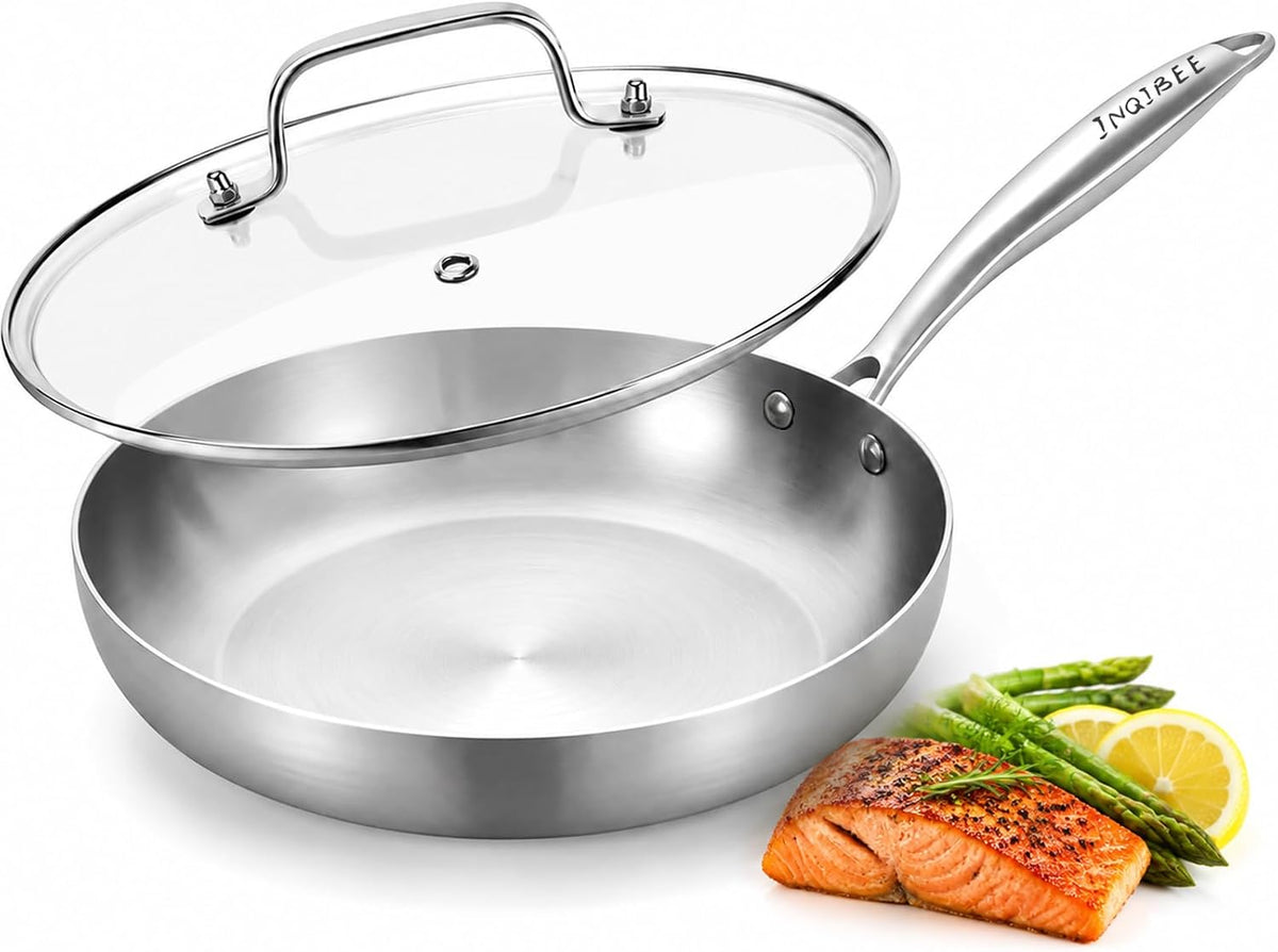 Inqibee 8 Inch Stainless Steel Frying Pan with Lid, Riveted Handle