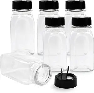 RoyalHouse 6 Pack 9.5 Oz Plastic Spice Jars with Black Cap, Clear and Safe Plastic Bottle Containers with Shaker Lids for Storing Spice, Herbs and Seasoning Powders, BPA Free, Made in USA