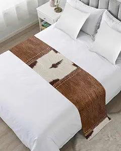 Western Cow Leather Texture Bed Runners for Bedroom Hotel,Decorative Bedding Scarf Abstract Brown White Cow Print Bed End Blanket Bedding Runner Scarves for King Size Beds,102x20in