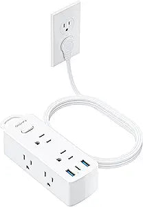 Olcorife Flat Plug Power Strip with 5 FT Extension Cord, 6 Outlets 3 USB Ports(1 USB C), 3 Sided Outlet Extender for Home Office Travel Dorm Room Essentials, White