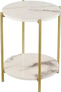 Gawicpy 2 Tier Round Side Table, Folding End Tables Coffee Table Simplistic Sofa Table Waterproof Removable Tray Table Indoor Outdoor Accent Table for Living Room Bedroom (Faux Marble White, 1pcs)
