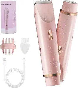2-in-1 Bikini Trimmer for Women, Bikini Shaver with Dual Heads, Body and Facial Hair Removal, Rechargeable Cordless Electric Razors for Face Chin Pubic Underarm Legs, IPX7 Waterproof, Pink