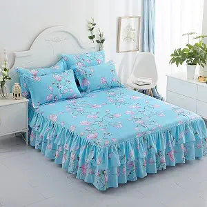 Flower Sky Blue Two Layers Ruffle Bed Skirt Bedspread Sheet and Pillowcases Set, Queen