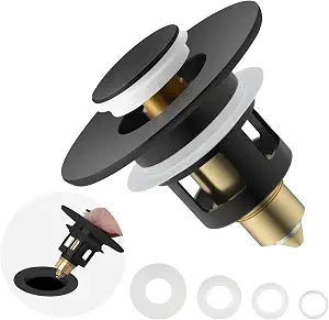 Universal Metal Bathroom Sink Drain Stopper, 2-in-1 Pop Up, Matte Black