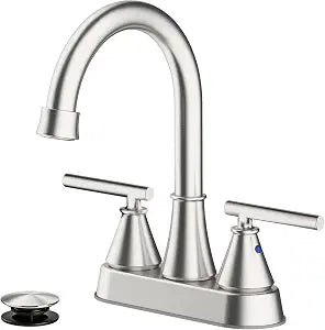 Bathroom Sink Faucet 4 Inch 2 Handle Centerset Brushed Gold Lead-Free Modern Bathroom Faucet Vanity Faucet with Pop-up Drain Stopper and Supply Hoses