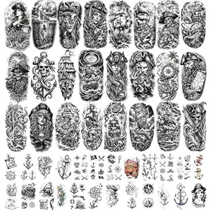 84 Pirate Temporary Tattoos, 24 Large Half Arm Tattoos and 60 Sheets Small Fake Tattoos, Waterproof, Realistic, Long Lasting, Skull Anchor Captain Compass Designs, 8.9 x 4.7 inches