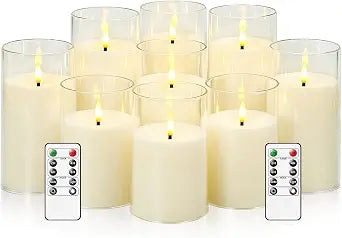 kakoya Flickering Flameless Candles Battery Operated with Remote and 2/4/6/8 H Timer Acrylic Led Pillar Candles Pack of 9 (D 3" xH 4" 5" 6") with Realistic 3D Wick Candles for Home Decor(Ivory)