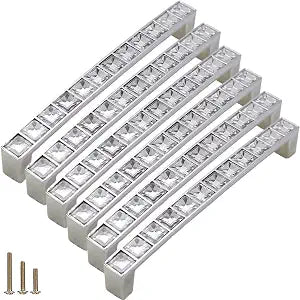6Pcs U Shape Crystal Glass Drawer Pulls Knobs Handles,Modern Decorated Shiny Cabinet Konbs Zinc Alloy Pulls, for Cupboard Wardrobe Dresser Doors (5.0" Hole Distance, Silver, 6 Pack)