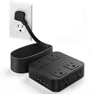 10FT Flat Extension Cord Surge Protector with Multiple Outlets, Black