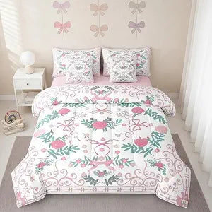 Erosebridal Girls Pink Bow 7 Piece Comforter Set Twin