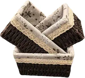 Wicker Woven Baskets With Liner, 3Packs Small Square Decorative Shelf Basket For Home Storage And Organizing (coffee)