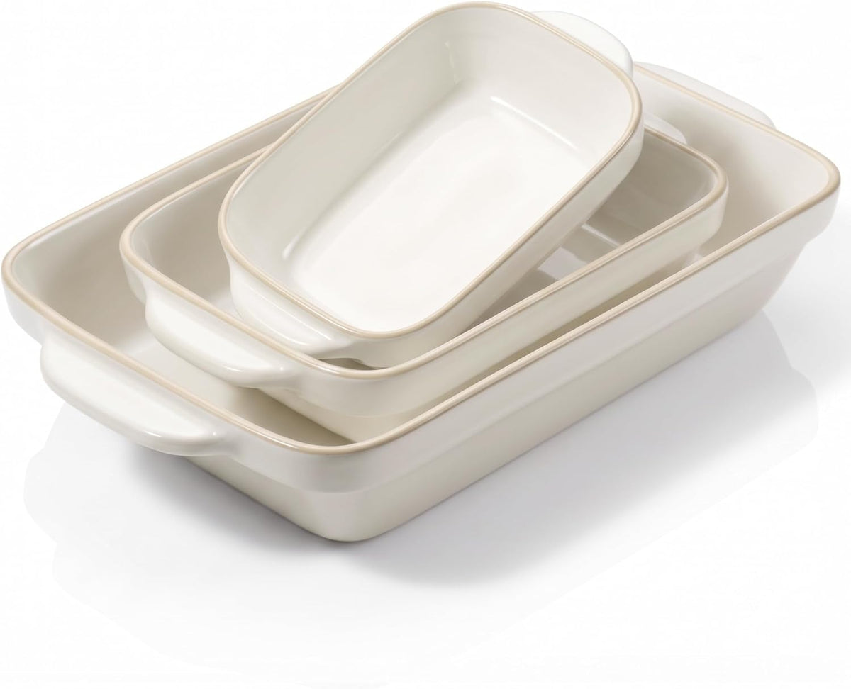 Kook Ceramic Baking Dish Set of 3, Rimmed Stoneware, Oven Safe, White