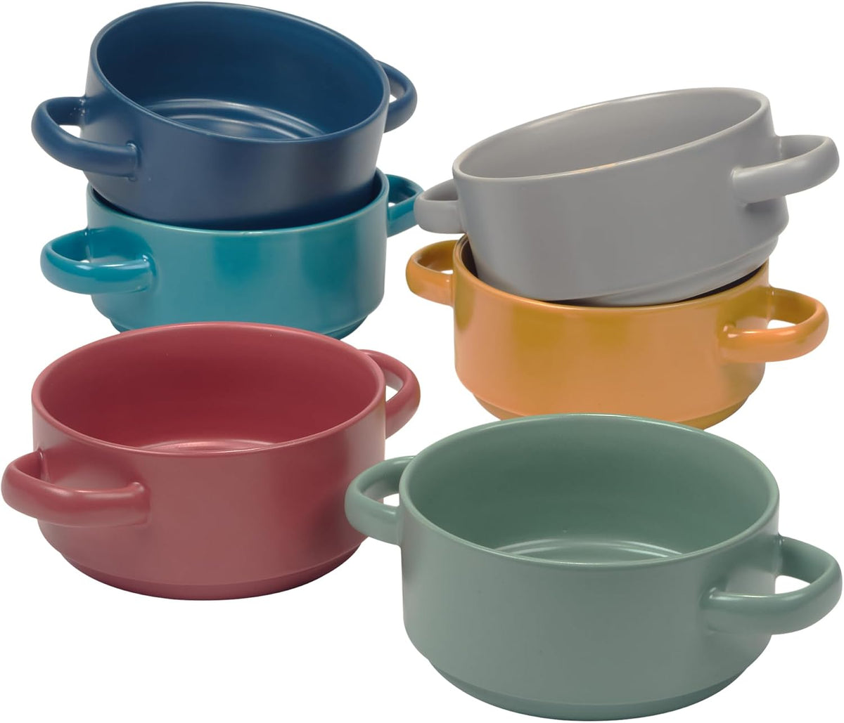 Certified International Stoneware 22oz Matte Glaze Soup Crocks Set of 6: Perfect for hearty soups and casseroles. Durable, oven-safe, microwave and dishwasher-friendly with dual handles.
