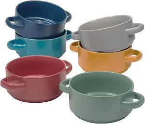 Stoneware 22oz Matte Glaze Soup Crocks Set of 6: Perfect for hearty soups and casseroles. Durable, oven-safe, microwave and dishwasher-friendly with dual handles.