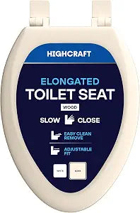 Highcraft B4TSWE Elongated Molded Wood Toilet Seat Slow Close ? Easy Remove ? Adjustable Hinge, Bone