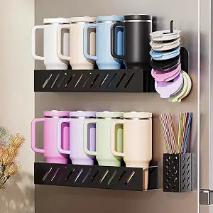 2-Pack Magnetic Stanley Cup Holder with Tumbler Lid & Straw Organizer for Full Stanley 30/40 oz Tumblers - Stores Bottle, Lid & Straw on Fridge/Iron - Removable