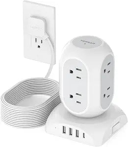 TESSAN Flat Plug Tower Power Strip with 1050J Surge Protector, 10 Ft, Grey