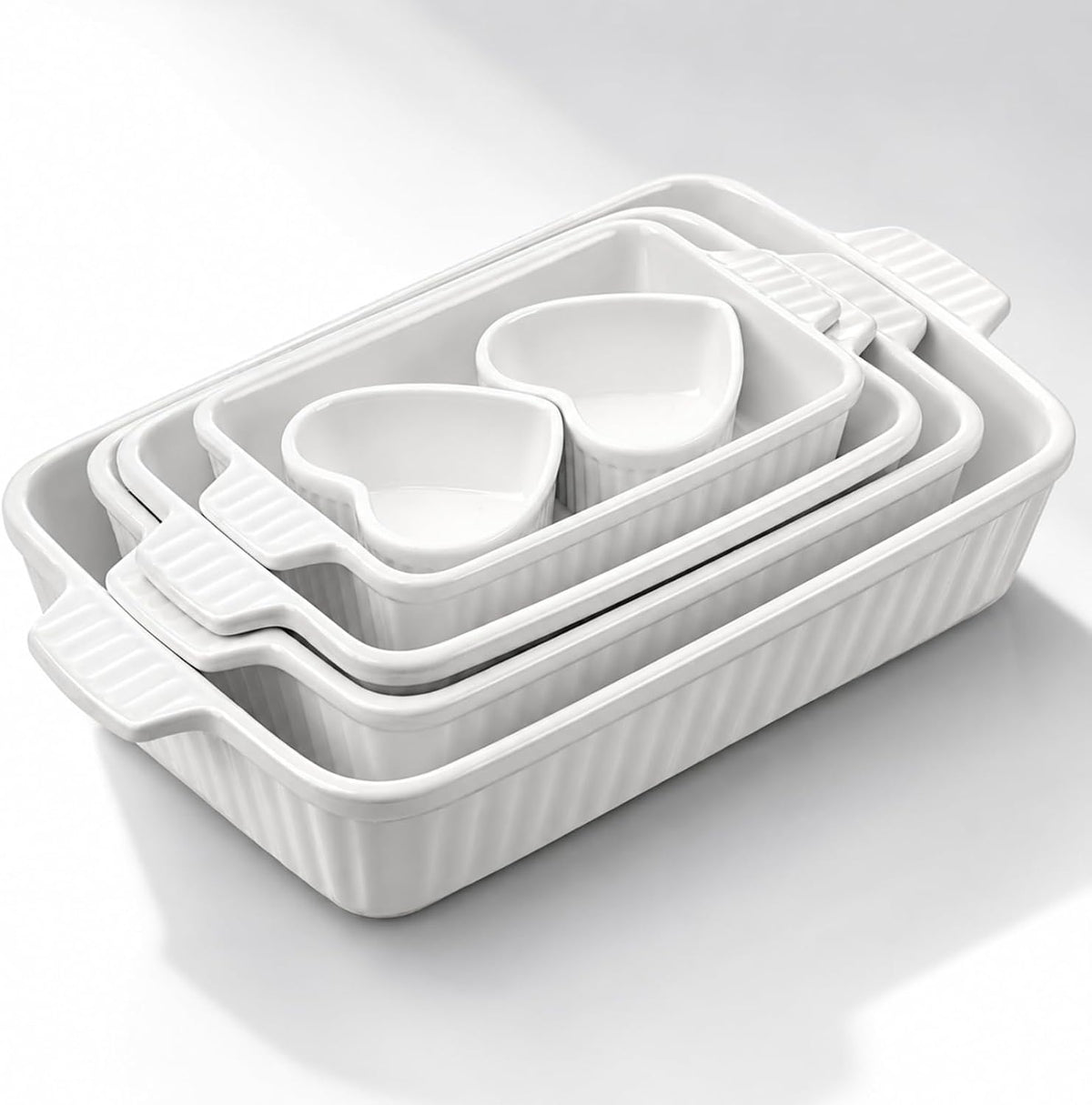 Sawysine 6 Pcs Ceramic Baking Dish Set, 4 Rectangular 2 Heart Pans, White