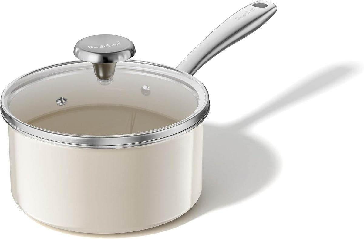 Redchef Small Saucepan with Lid, 1.8QT Ceramic Sauce Pan, Beige White