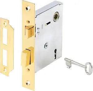 Prime-Line E 2294 Vintage Style Indoor Mortise Lock Assembly Kit Cast Steel, Brass Plated Finish, Antique Skeleton Key 2-3/8" Backset, 1/4" Max Square Spindle - Reversible Latch Bolt (Single Pack)