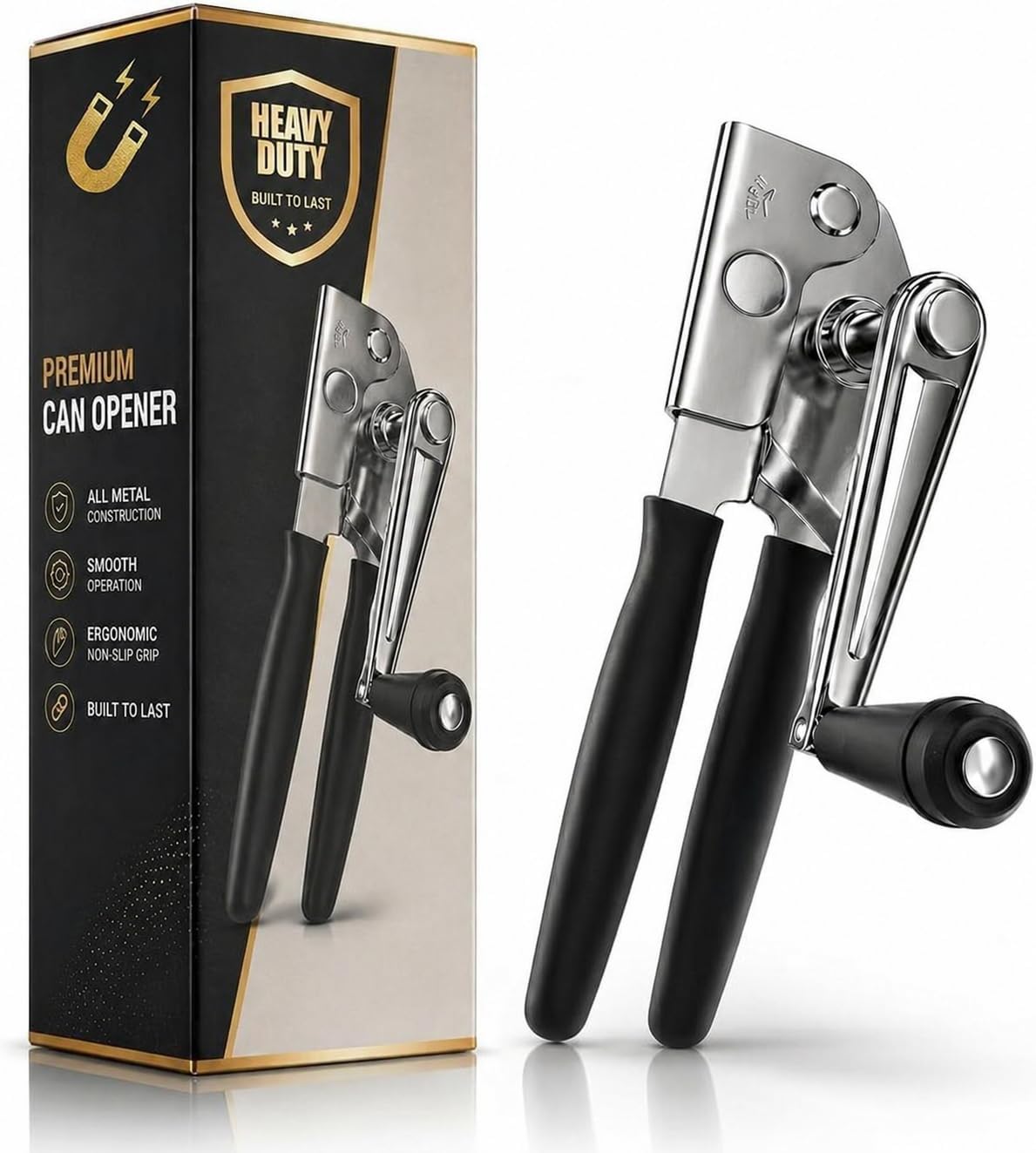Heavy Duty Commercial Can Opener - Stainless Steel Can Opener for Large & Small Cans, Manual 360 Smooth Crank with Ergonomic Long Handles, Non-Slip Grip, 2-in-1 Bottle Opener for Restaurants & Home
