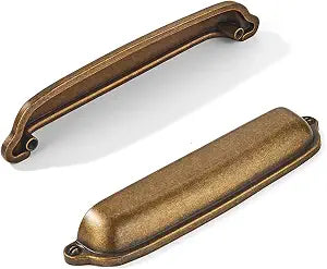 khtumeware 2 Pack Antique Brass Cup Pulls 4 Inch Center to Center - Cabinet & Drawer Handles for Kitchen Hardware