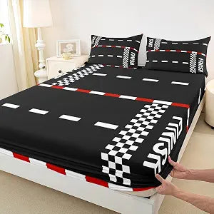 Start and Finish Fitted Sheet,Full Size Checkered Flag Extreme Sports Collections,Race Car Track Bedding Deep Pocket for Children Teens Young with 2 Pillowcases No Flat Sheet