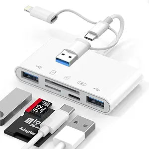 5-in-1 SD Card Reader for iPhone iPad, USB OTG Adapter & Memory Card Reader, Type C/Lightning/USB A with 5 Slots of PD 60W/Dual USB/TF/SD Card, Camera Adapter Supports SD/Micro SD/SDHC/SDXC/MMC
