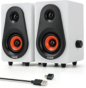 White Computer Speakers, White Wooden Desktop Speakers with Dual Diaphragms,12W USB High-Fidelity Stereo for PC, Laptop, Monitor, Tablet  USB Powered with Built-in Audio Output