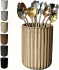 TOPYOKK Stoneware Coffee Bar Utensil Holder Tea & Coffee Spoon & Stirrer Holder for Stir Stick Straw Teaspoon Holder Espresso Spoon Cup Small Utensil Jar Fluted Vertical Stripe (Rustic Brown)
