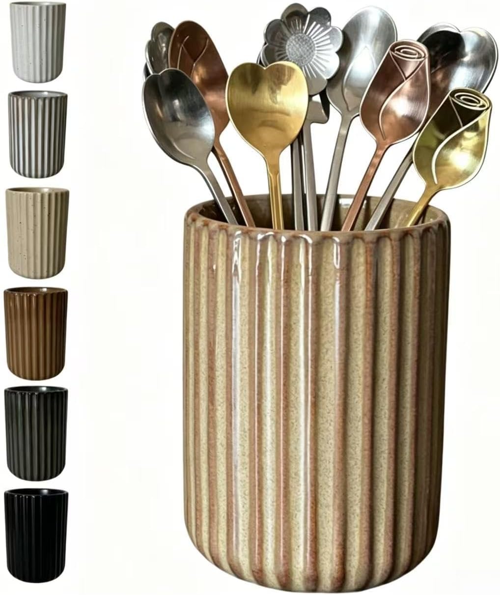 TOPYOKK Stoneware Coffee Bar Utensil Holder Tea & Coffee Spoon & Stirrer Holder for Stir Stick Straw Teaspoon Holder Espresso Spoon Cup Small Utensil Jar Fluted Vertical Stripe (Rustic Brown)