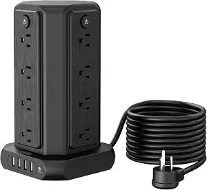 Surge Protector Power Strip Tower with USB Ports, 15 FT Extension Cord Tower with 16 Widely Spaced Outlets 4 USB Ports, 1080 Joules, Overload Protection, Flat Plug Power Strip for Home, Office, Black