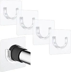 Sibba 4 Pack Shower Rod Holder with Strong Adhesive No Drilling Shower Curtain Rod Holder Clear Bar Holders Sticky Tension Hook Liner Support Mount Sticker Heavy Duty Wall Hold Tool Fit