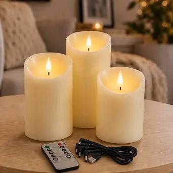 Lezonic Rechargeable Flickering Flameless Candles Battery Operated with Remote and Timer, Pack of 3(D 3'' X H 4''5''6'') Long Lasting Ivory White Real Wax LED USB Pillar Candles