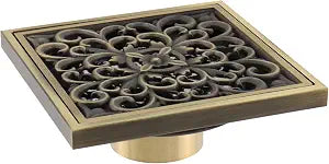 MY MIRONEY 4 Inch Square Brass Shower Drain, Rattan Fower Carved