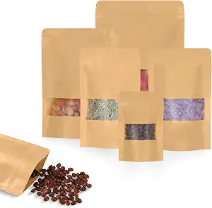 50pcs Kraft Bags with Window 7.1x10 Inches Brown Reusable Sealable Zip Lock Food Storage Stand up Paper Pouches for Home or Business