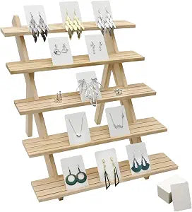 101pcs 5-Tier Wood Earring Display Stand, Retail Display Riser Earring, Ring Holder Stand, Removable Countertop Small Merchandise Display Stand with 100 Pcs Earring Card (Wood color)