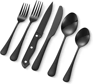 VEVOR 48-Piece Black Silverware Set with Steak Knives, Food-Grade Stainless Steel Flatware Utensils for 8, Mirror Finished Cutlery Set, Dishwasher Safe Eating Tableware for Kitchen Home, Service for 8