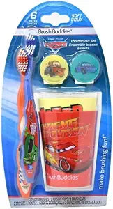 Brush Buddies Disney Pixar Cars Toothbrush Set for Kids 6 Piece Bundle with 2 Soft Bristle Toothbrushes 2 Rinsing Cups 2 Brush Caps Ages 2+ Featuring Lightning McQueen and Mater