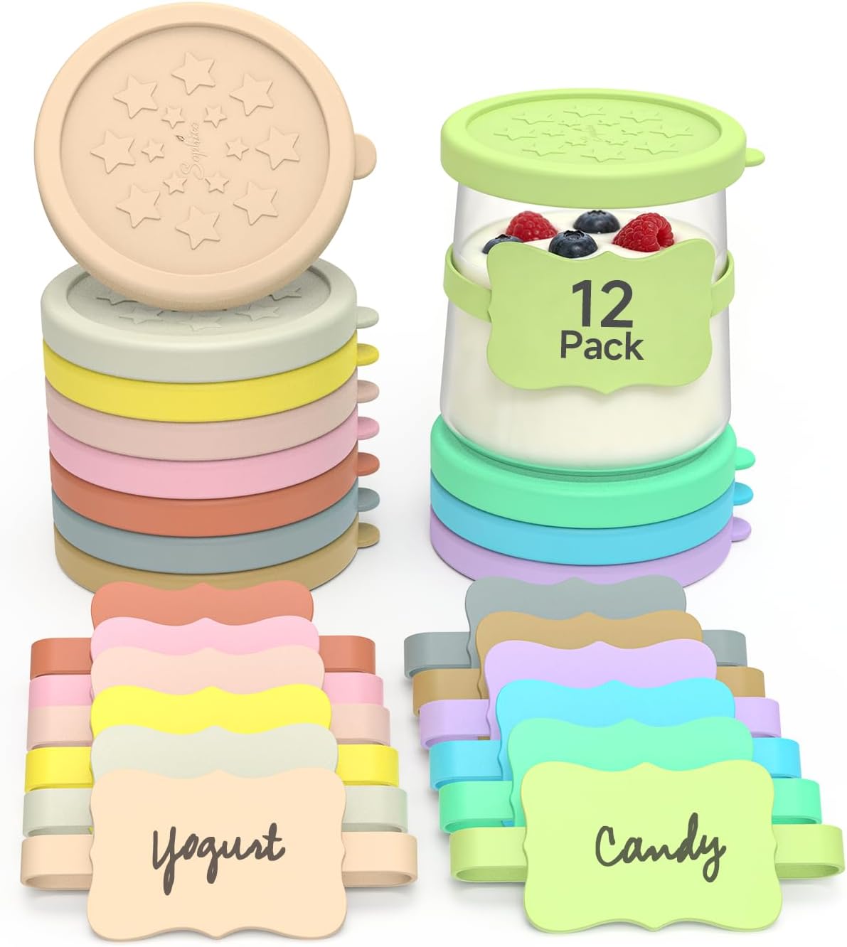 SOPHICO Silicone Leakproof Lids with Silicone Labels for 5oz Oui Yogurt Jar