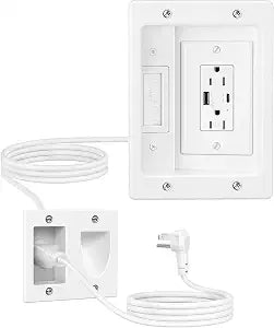 FORGING MOUNT TV Cord Hider for Wall Mounted TV with 2 AC Outlets,USB-A/USB-C Ports,in-Wall Cable Management Kit,Hide All Cables & Wires Behind The AV,Includes Drill Templates,Extension Cord-White