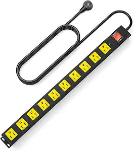 10 Outlet Metal Power Strip with 2100J Surge Protector, Heavy Duty 10FT Extension Cord, Wide Spaced Outlets and Wall Mount for Garage, Workshop, Industrial, Home (10ft)