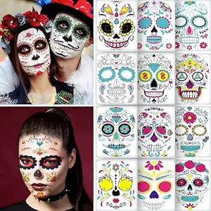 12 PCS Day of the Dead Costume Tattoos for Halloween - Temporary Sugar Skull Face Stickers for Makeup, Masquerade, Parties. Face & Body Tattoos for Events