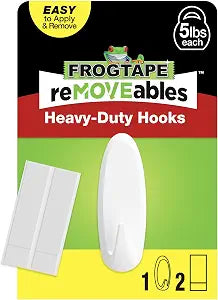 FrogTape reMOVEables Heavy Duty Wall Hooks, Damage Free, White, 1 Pack