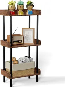 Bookshelf, 3 Tier Bookcase, Industrial Small Book Shelf, Rustic Brown Bookshelf, Metal Display Shelf Storage Organizer for Living Room, Bedroom& Home Office
