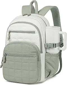 Quilted Bookbag for Women, College Laptop Backpack with Tumbler Holder Pocket for Nurse Teacher Work Travel, Puffer School Backpack for Teen Girls Big Student, White Green