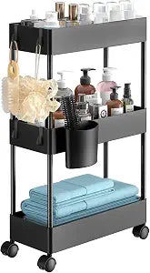 Pipishell 3 Tier Bathroom Storage Cart, Slim Storage Cart with Wheels,Black
