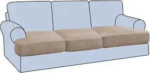 H.VERSAILTEX Stretch 3 Piece T Cushion Sofa Slipcovers Individually Sofa Cushion Covers for 3 Cushion Couch Sofa Seat Cushion Covers with Elastic Bands Featuring Thicker Jacquard Fabric, Sand