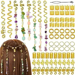 80 Pcs Natural Crystal Stone Dreadlock Accessories, Jollidecor Hair Jewelry for Braids Hair Spirals Gems Charms Adjust Gold Loc Jewelry for Hair Cuffs for Adult Women Braids Hairstyle Decoration