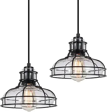 2PK 8.7" Industrial Pendant Lights with Glass Shade & Metal Cage